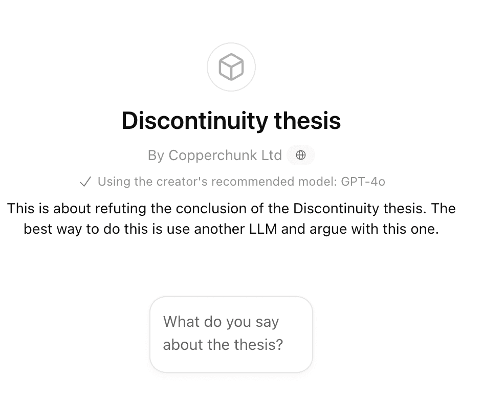 Chat with the Discontinuity Thesis bot. 